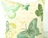THROW PILLOW Cover 16x16 Green Turquoise Designer Decorative Throw Pillows Butterfly 16 x 16 Yellow Script Pillow Shops Home decor