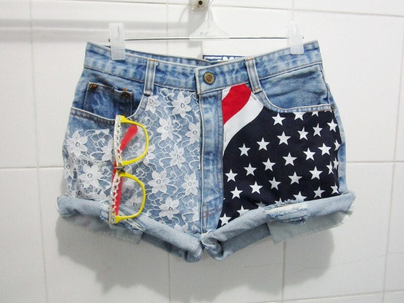Make To Order - Vintage High Waist  American Flag and White Lace Cut Off Shorts