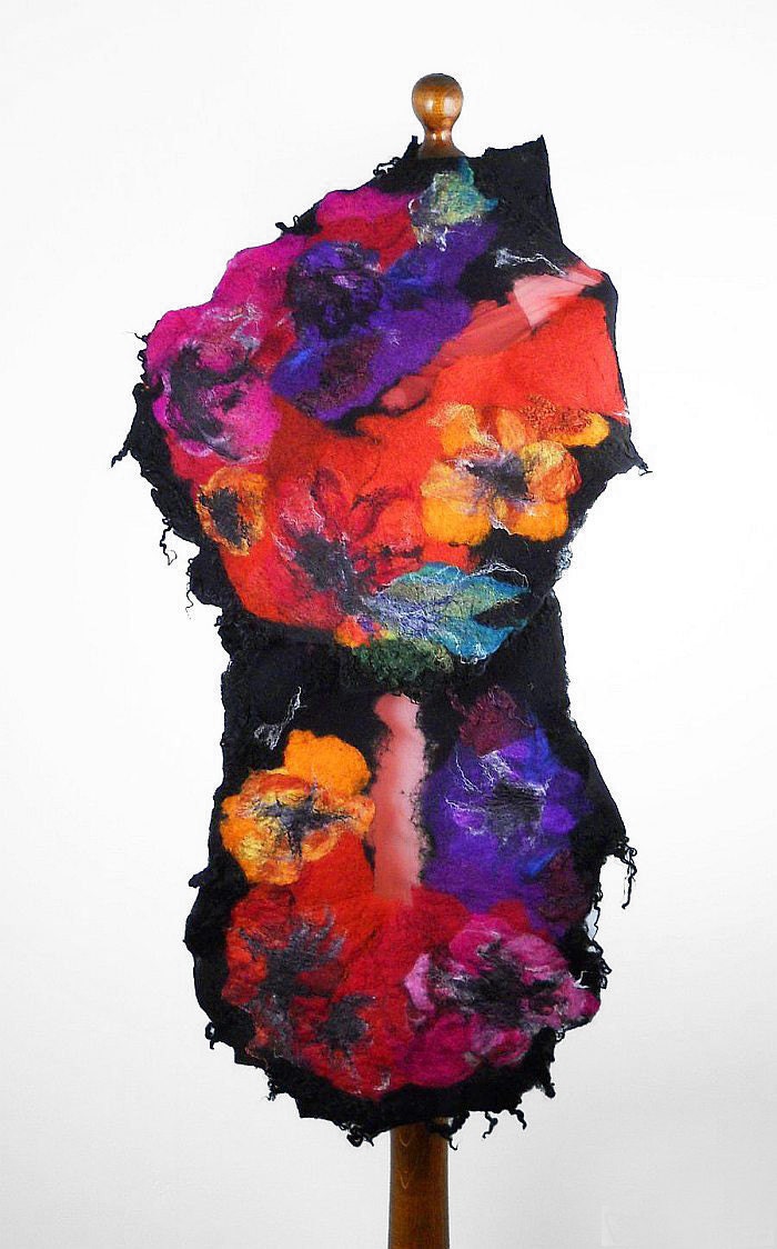 Felted Scarf Rainbow scarf  Art Wrap Artistic Shawl Nuno felt Scarves Felt black noir multicolor Nuno felt wearable art Silk  Fiber Art