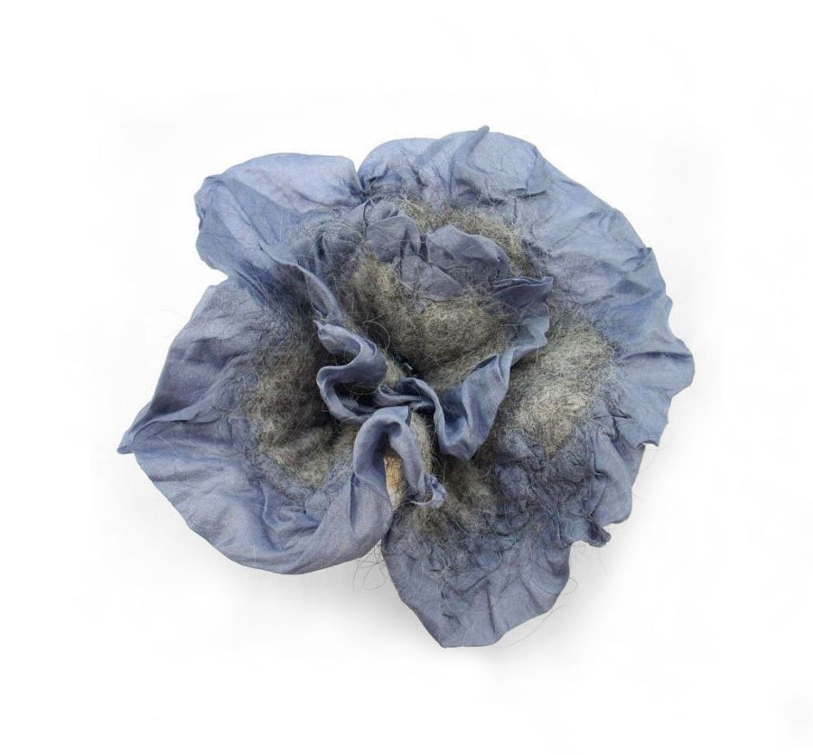 Nunofelt Brooch Felted Brooch SILVER felt nuno flower grey gray platin flower folk boho wool victorian fairy