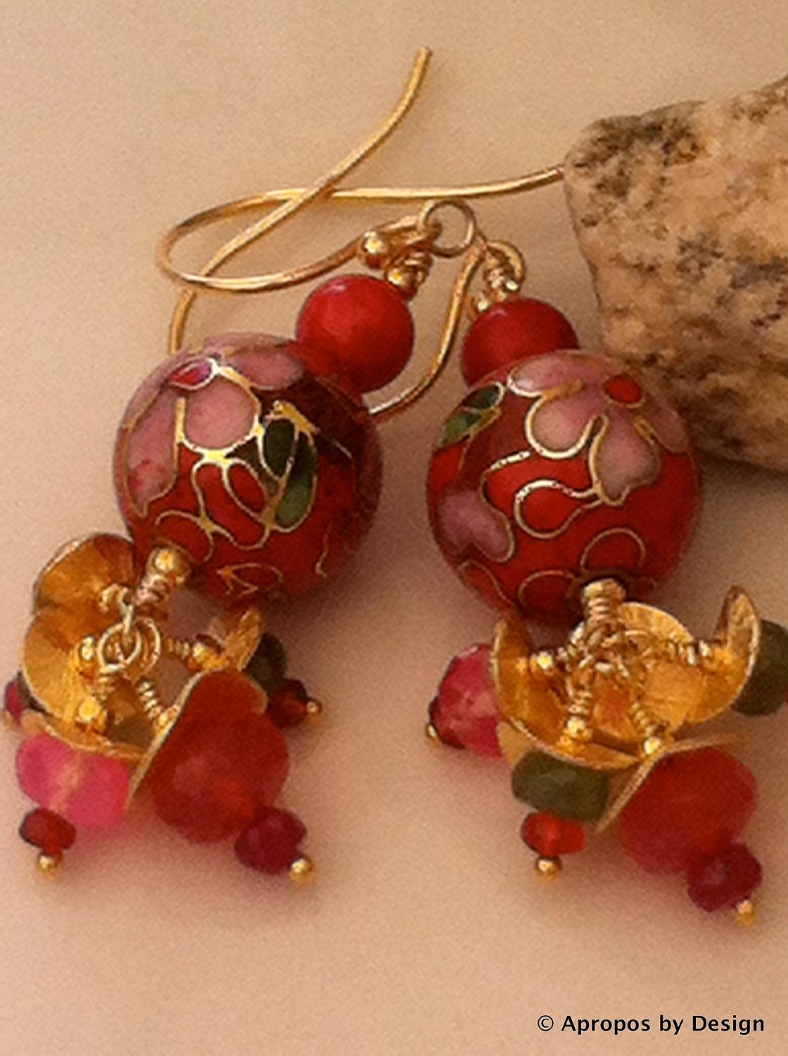 Asian vintage red & gold cloisonne earrings, red coral, padparadscha, fire opal, ruby, chalcedony, tsavorite, vermeil: Garden Gems