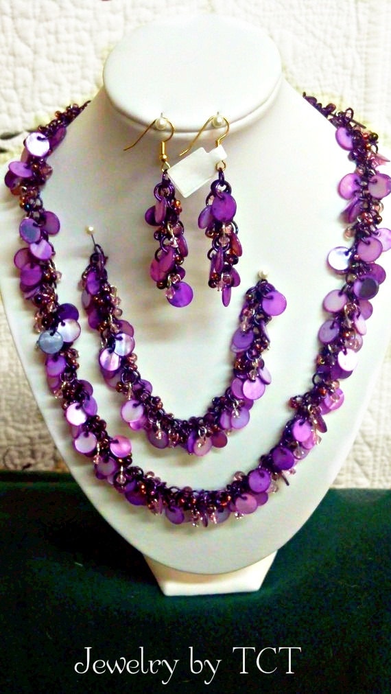 Purple Shaggy Loop Chain Maille Necklace, Earrings, Bracelet Set, Jewelry, Hand crafted, handmade, Etsy, finds, online, store, sale, great, gift for her, valentines day, valentines gift, 