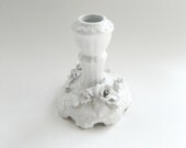 Vintage white on white ceramic baroque style candle holder with flowers, possibly Capodimonte, c 1900
