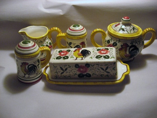 5 Pc Lot PY Ucagno Rooster and Roses China Butter Dish Sugar Creamer Salt and Pepper Shakers