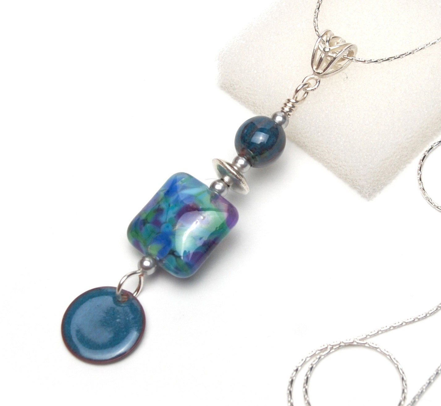 Blue Green and Violet Pendant Necklace - Artisan Lampwork Glass and Enameled Beads on Silver Plated Chain - lilicharms