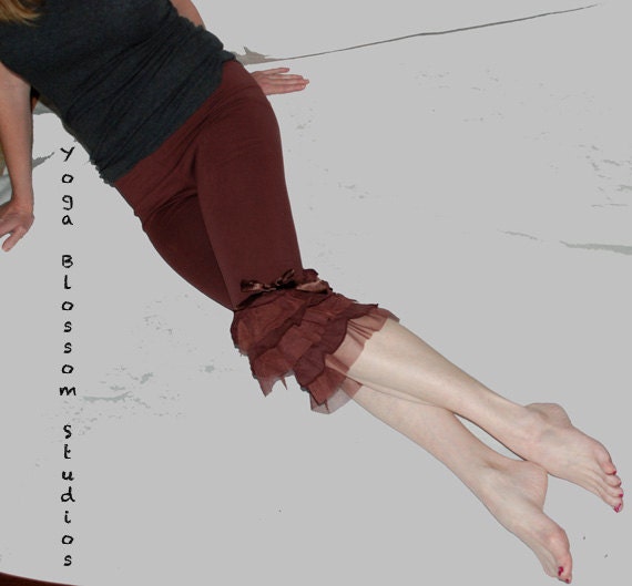 Ruffled yoga pants capri bottoms in raisin burgundy (other colors available)