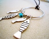 Four Little Fish Pendant with Brown Wax Cord and Turqoise Beads