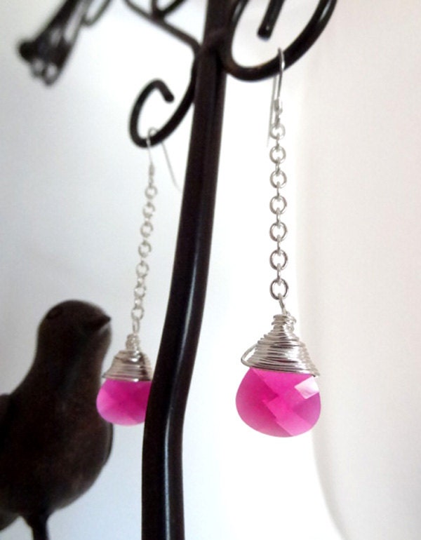 Sterling Silver Ruby Red Pink Crystal Wire Wrapped Dangle Earrings Jewelry