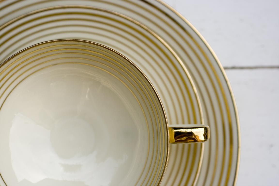 RESERVED for Erin Meez Vintage Circa 1950s Teacup and Saucer Trio Set Gild Stripes on Cream