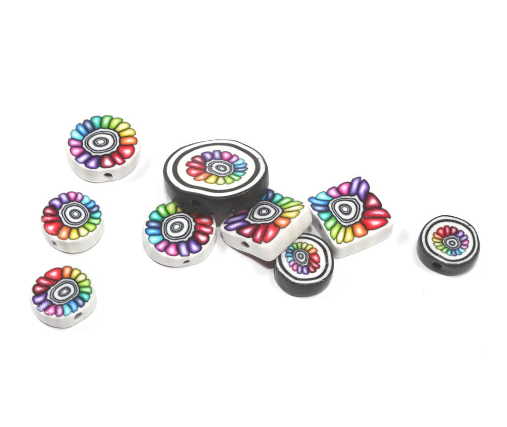 Polymer Clay flower colorful beads, unique set of rainbow beads, round and square beads with black and white rings. Set of 9 - ShuliDesigns