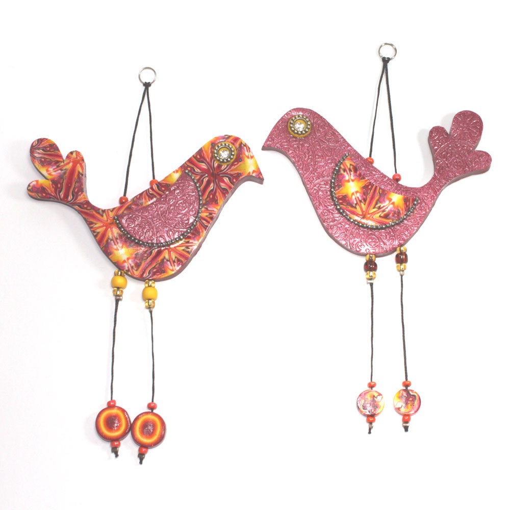 Pair of Love birds, Wall decor love birds, Handmade Polymer clay birds, Bird couple in Orange, yellow, red and bronze