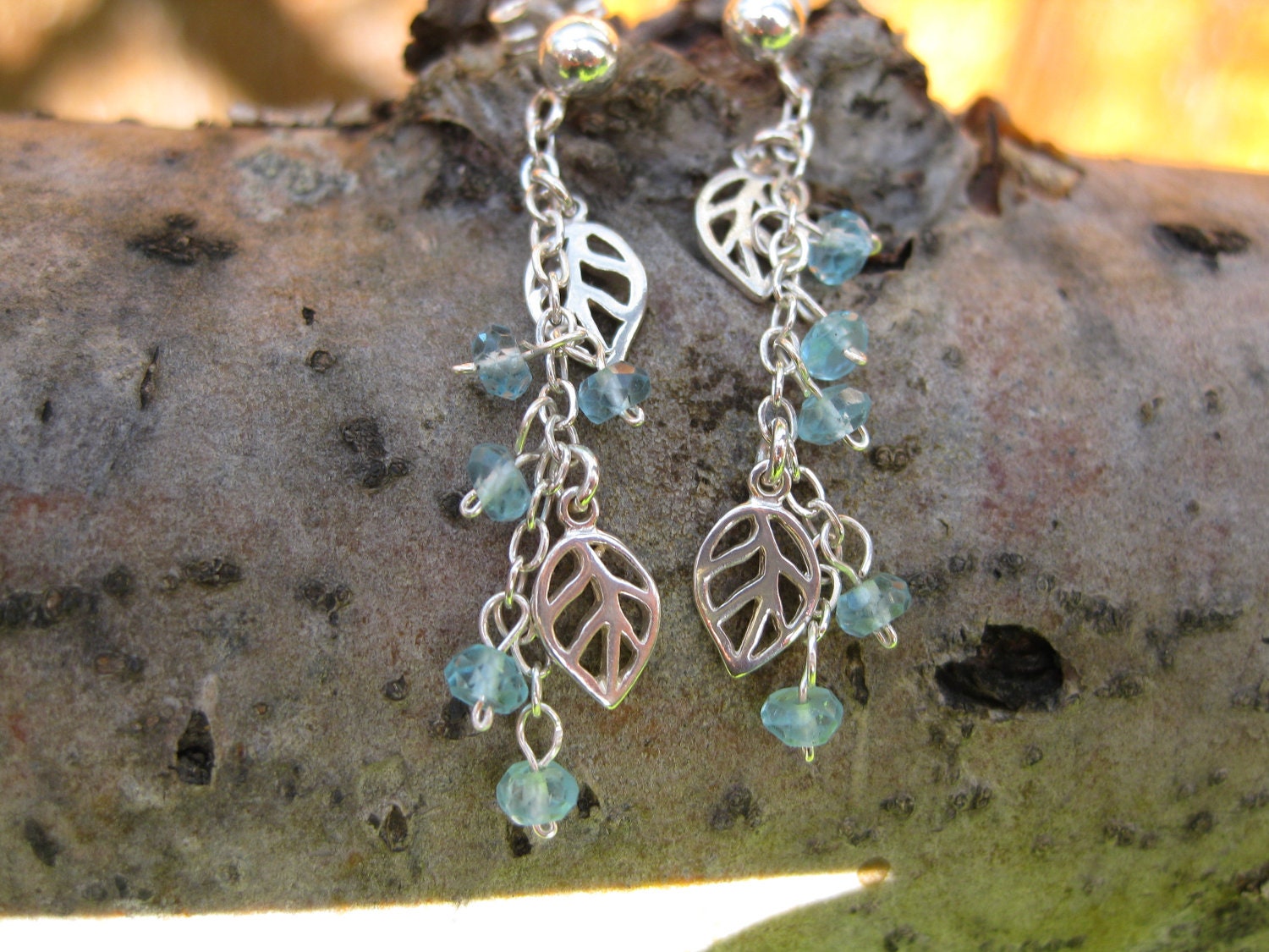 Silver leaf earrings, blue apatite gemstone and leaf cascade