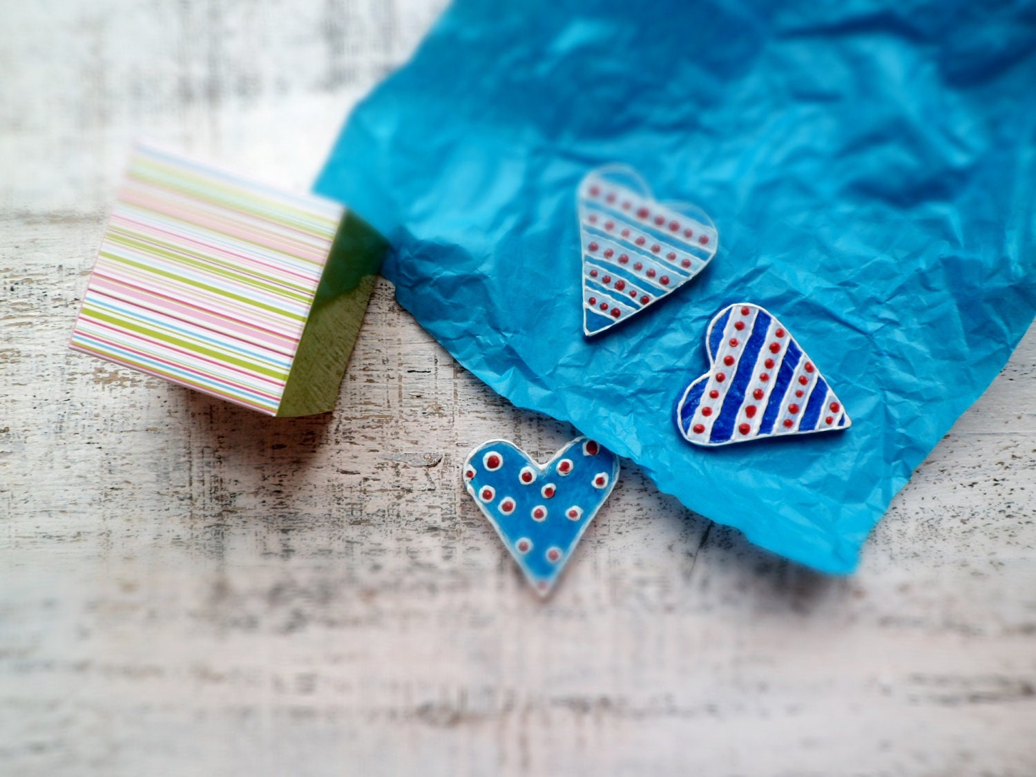 Colorful heart magnets set of 3, Valentine Day decor, Valentine gift  dots & stripes red white blue