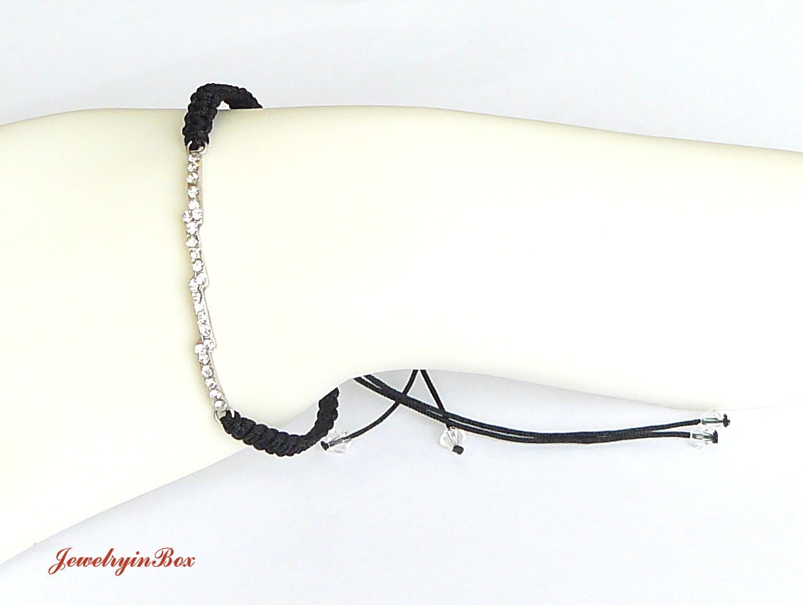 Black Macrame Bracelet with White Swarovski Crystals