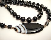 Black Agate Gemstone Necklace, Black and White Beaded Necklace, Long Black Necklace