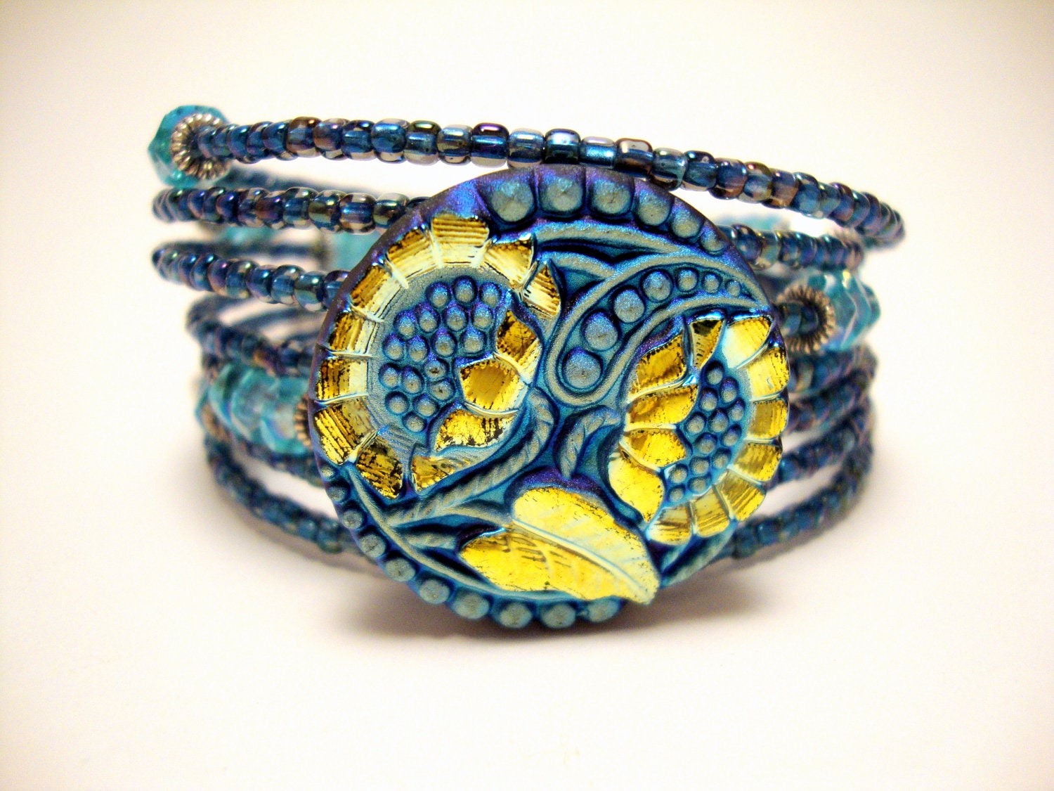 Blue Crystal Memory Wire Bracelet, Sky Blue and Royal Blue Beaded Wrap Bracelet, Hand Painted Antique Button Jewelry