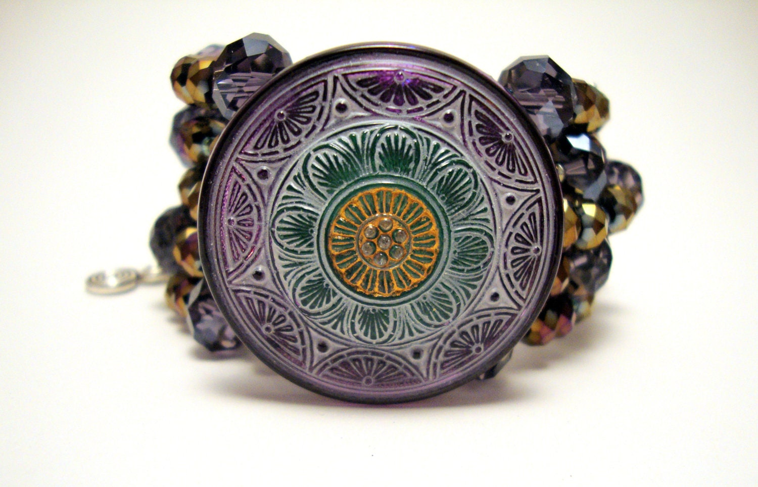 Purple Crystal Memory Wire Bracelet, Hand Painted Antique Button Bracelet, Purple and Copper Crystal Wire Wrap Bracelet