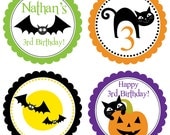 Halloween Party Circles - Green Orange Purple, Halloween Black Bats and Cats Personalized Birthday Party Circles - A Digital Printable File
