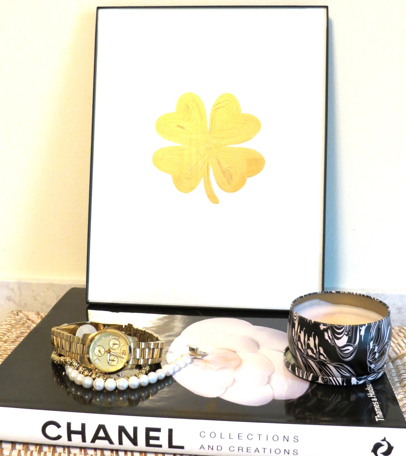 Art Print Framed 24K Gold Four Leaf Clover Fine Art Original Painting by Jennifer Latimer