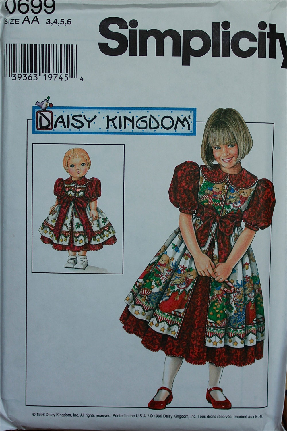 1990s Daisy Kingdom Dress, Pinafore & Matching Doll Dress Simplicity Pattern 0699  Uncut Sizes 3-4-5-6  Chest 22-23-24-25"