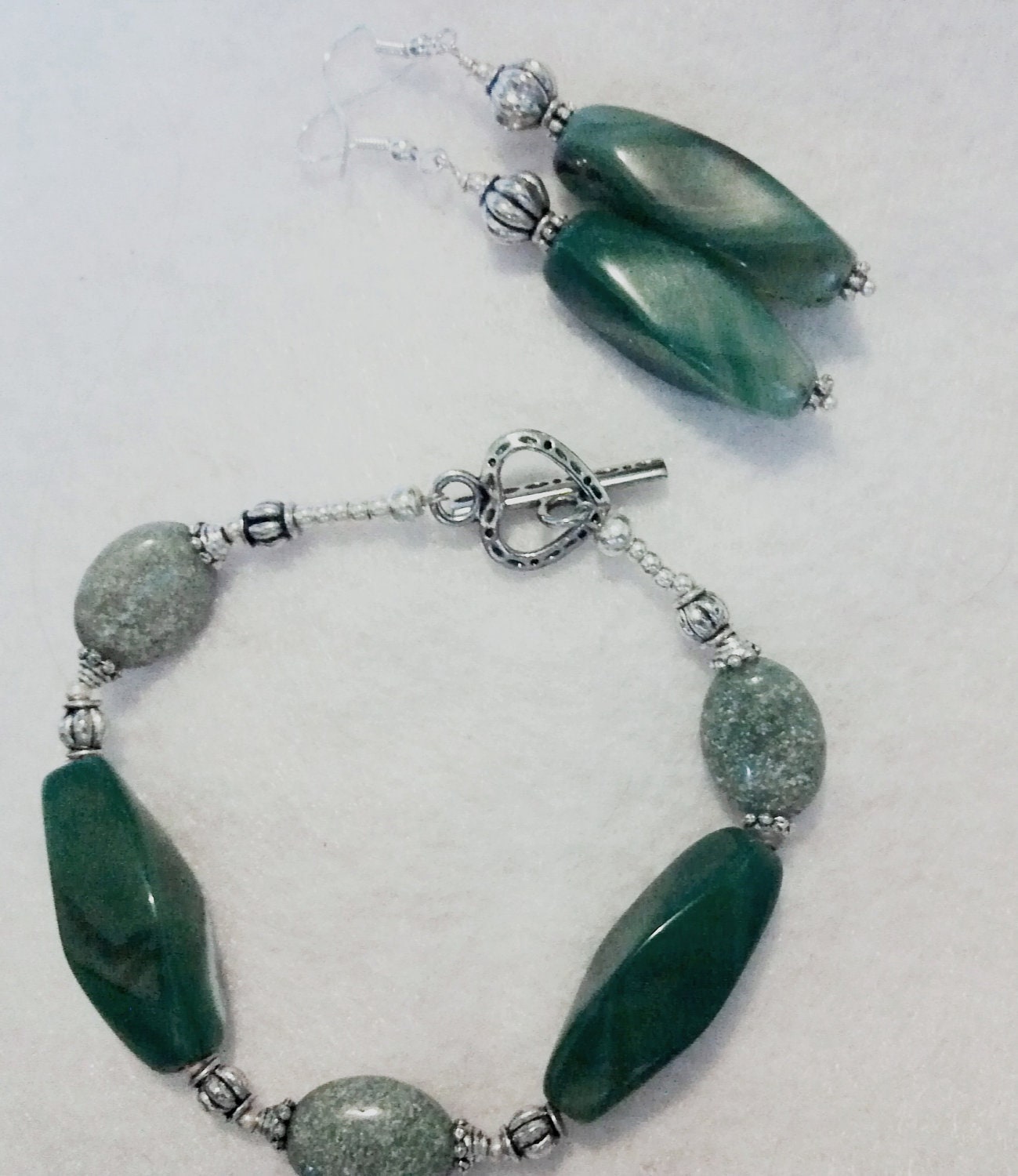 Hues of Jade, Sterling Silver &  Balinese Silver Bracelet and Earrings Set
