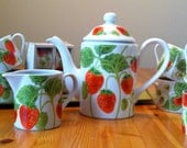 SALE -HUGE Tea Set  Fitz and Floyd Wild Strawberries Teapot , Creamer , 8 Cups / Mugs , 4 napkin rings , 1970s , 70s, 80s