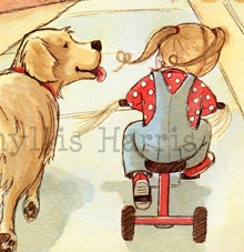 Children's Wall Art Print  - Golden Retriever and little girl on tricycle illustration- Vintage