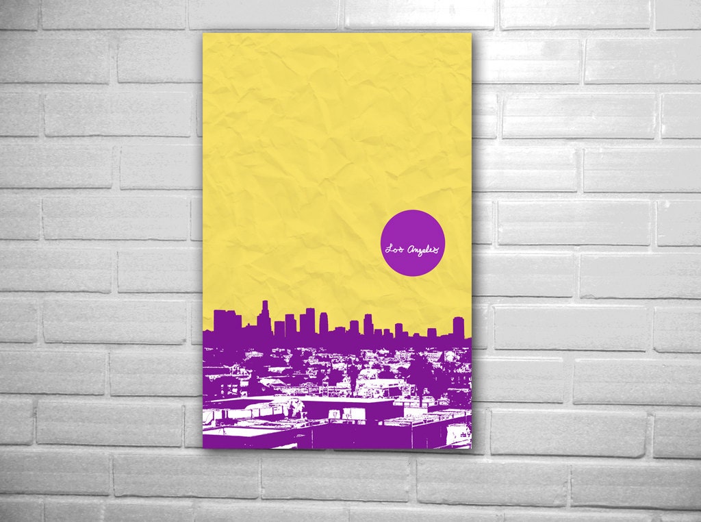 City art skyline poster cityscape of Los Angeles California Lakers color way