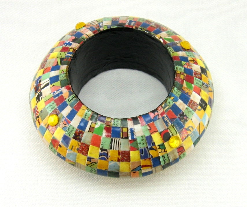 SALE...25% off...Free shipping to US.  BIGASS paper mache bangle, magazine mosaic, crystals, recycled, upcycled