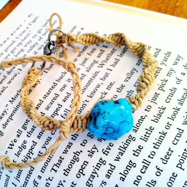 Natural Polished Turquoise Stone and Hemp Hand Woven Bracelet - Free Gift with Purchase
