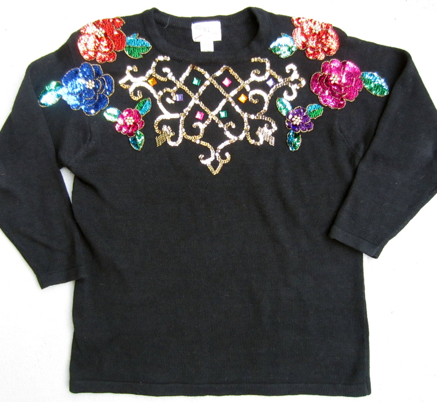 Ugly Christmas Sweater, Xmas Bright Tacky Gaudy Jewels Sequins Sparkly Colorful Novelty Holiday Womens Pullover Large L
