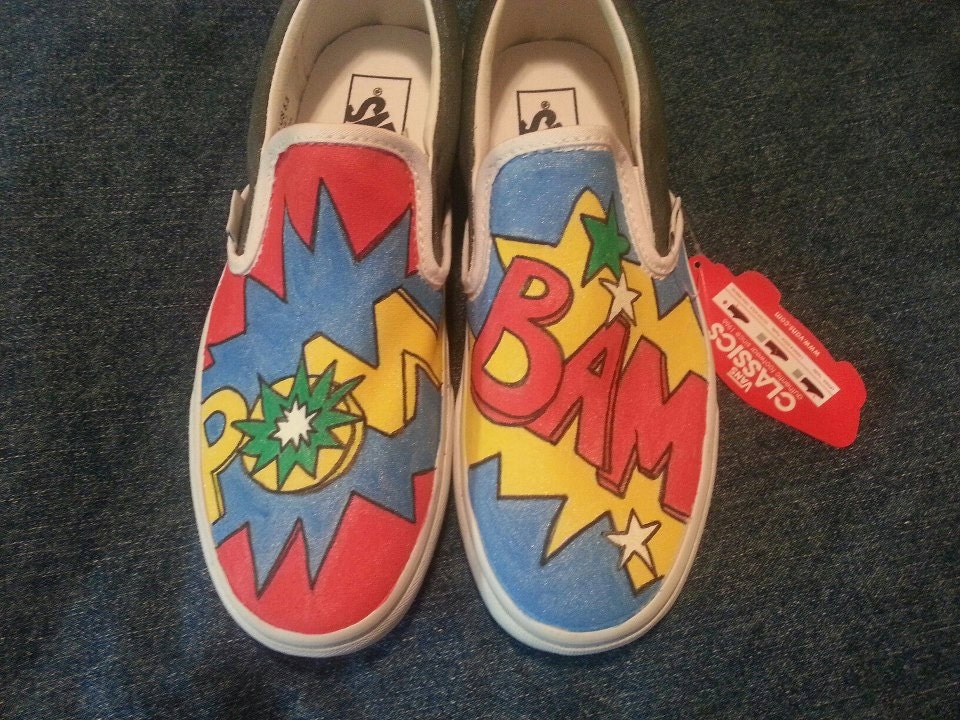 Hand-painted Super Hero words on Vans shoes