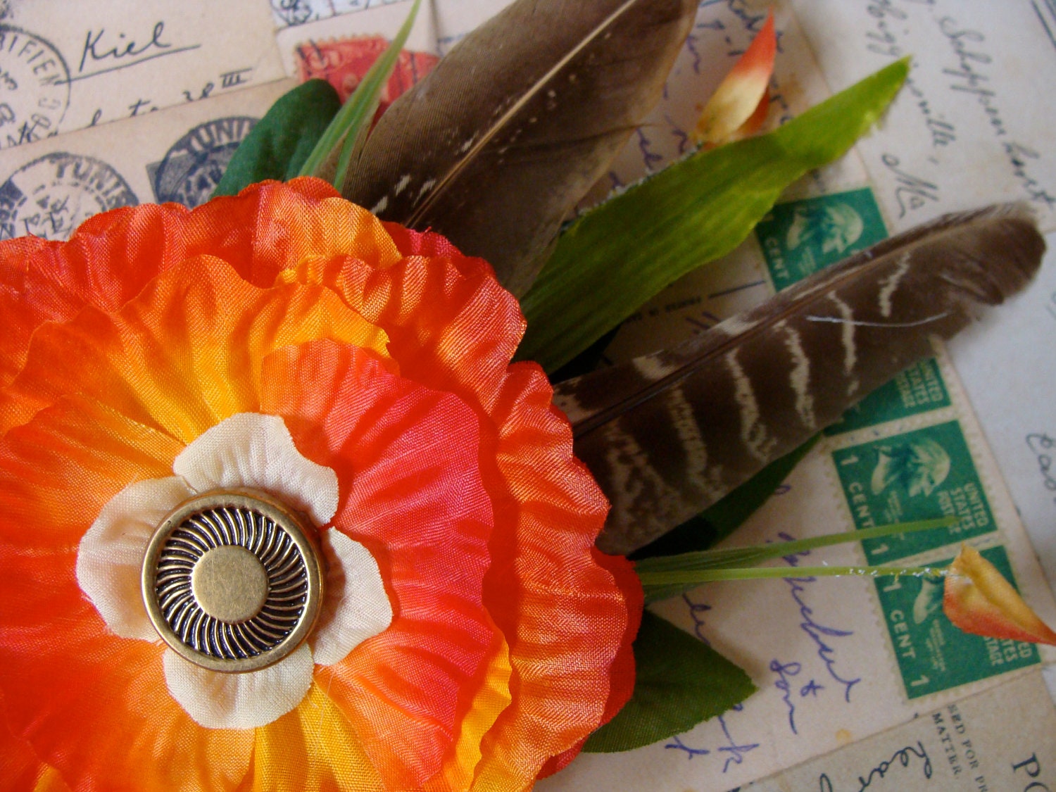 Tropical Flower Hair Clip, Orange Feather Flower Fascinator Poppy, Large Burlesque Hair Accessory - "Red Sails in the Sunset"