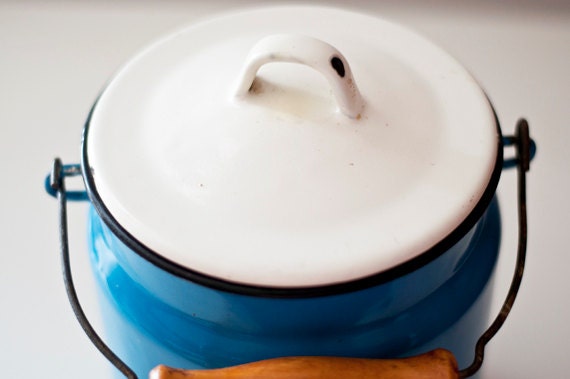 Vintage Enamel Milk Can - blue polka dot