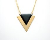 Minimalist Geometric Triangle Long Necklace - Black Hand Dyed Modern Raw Brass Jewelry  - Gold Plated Chain