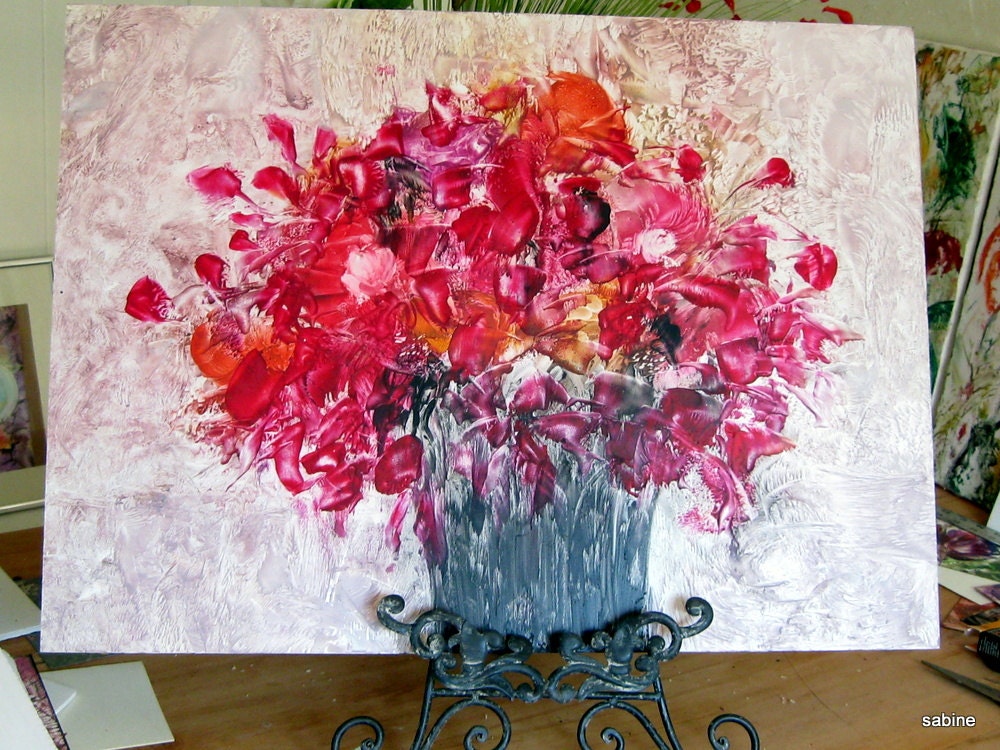Red Bouquet ORIGINAL Encaustic semi abstract floral "Glorious Bouquet" 20x30" STUDIOSABINE