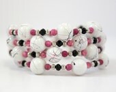 White, Black, and Pink Beaded Memory Wire Bracelet - Handmade Beaded Jewelry - One Size Fits All - OOAK - Ready to Ship