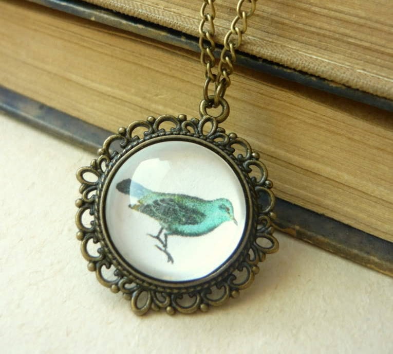 Vintage Antique Brass Mint Bird Necklace - Free Shipping - Made to order :)