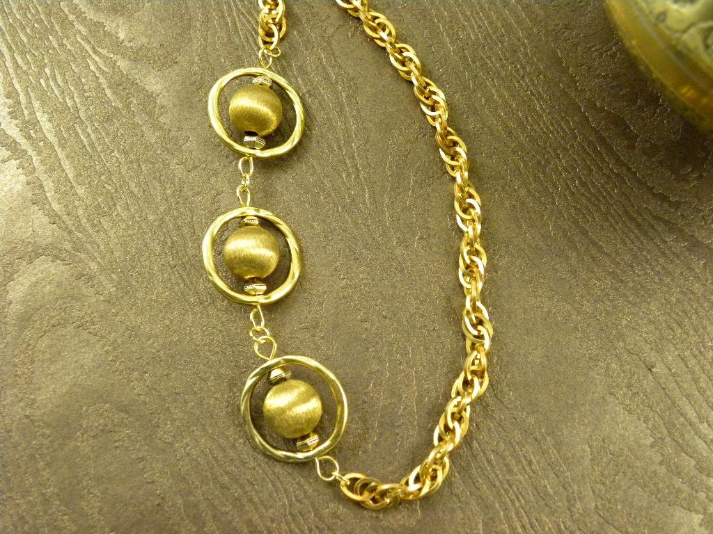 SALE - Vintage Silk Etched Brass Beads Antique Gold Hoops Vintage Gold Rope Chain Necklace - Fashion Jewelry