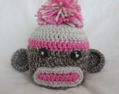 Crochet Sock Monkey Hat & Diaper Cover Set Handmade Pink Photo Prop