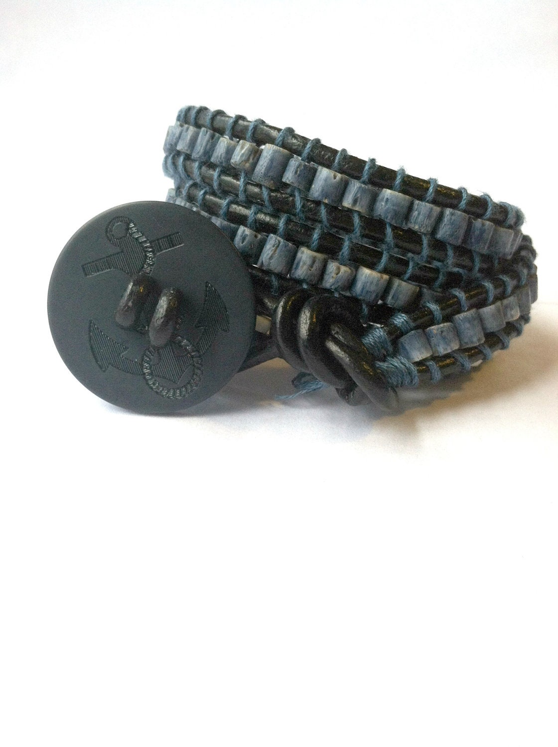 4 Wrap Shell Bracelet with Blue and White Shell Beads and Blue Metal Beads, Sailor Button for Attachment, Gift for Surfer, Boho Beachy