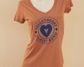 Burnt Orange V-Neck Women's Tee - "Valleyheart Family Band" Hand-Screened in Blue - Medium