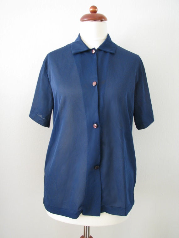 70s does 40s Navy Blue Nylon Short Sleeve Shirt, S-M // Vintage Shirt