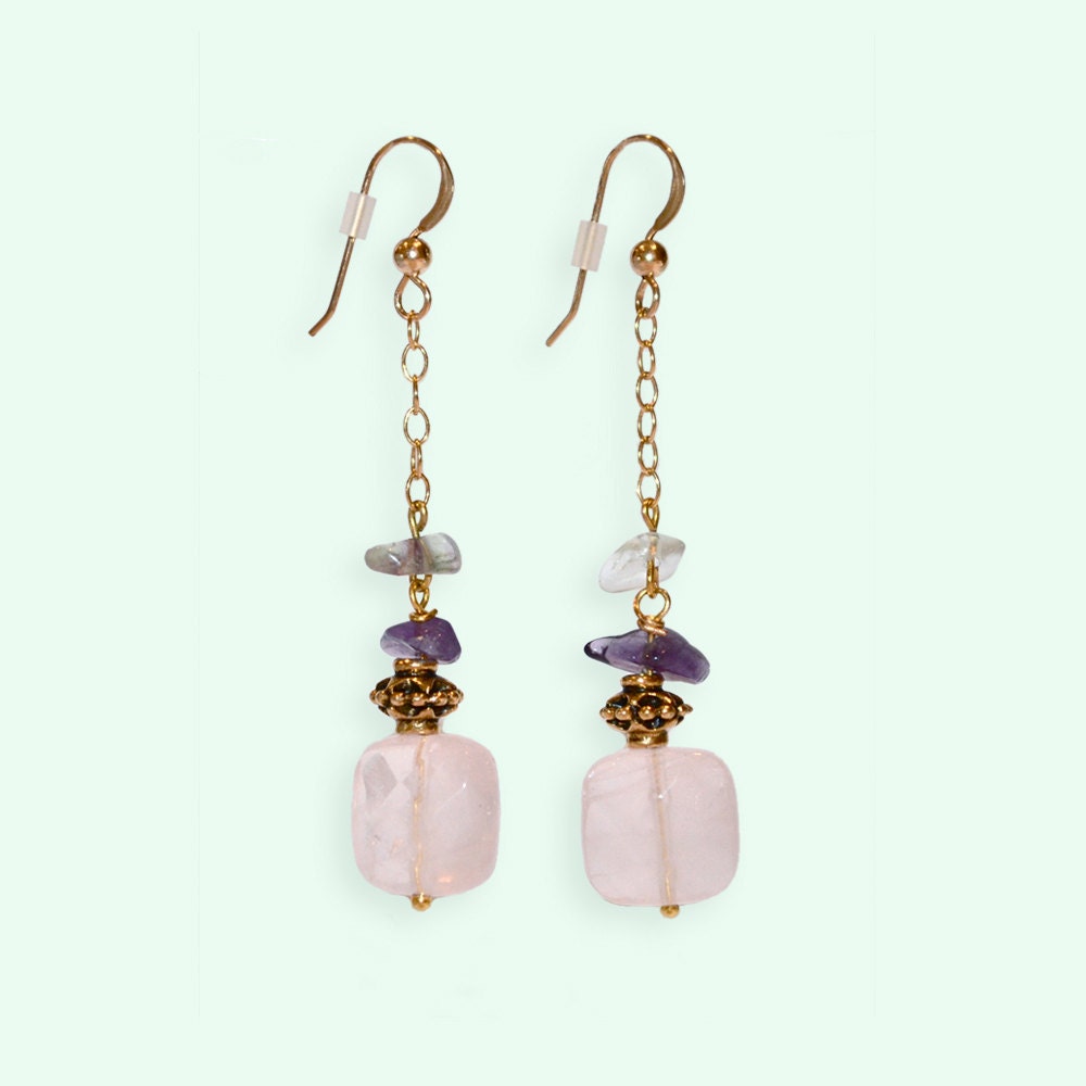Elegant rose quartz raindrop gold earrings