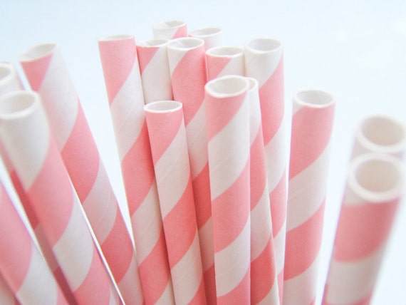 Striped Paper Drinking Straws (25) - BABY PINK - Includes Free Printable Straw Flags Il_570xn