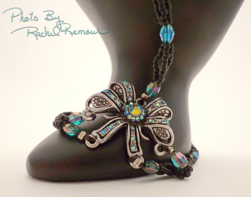 Matte Black Seedbead and Teal Crystal Beaded with Bow Set 33