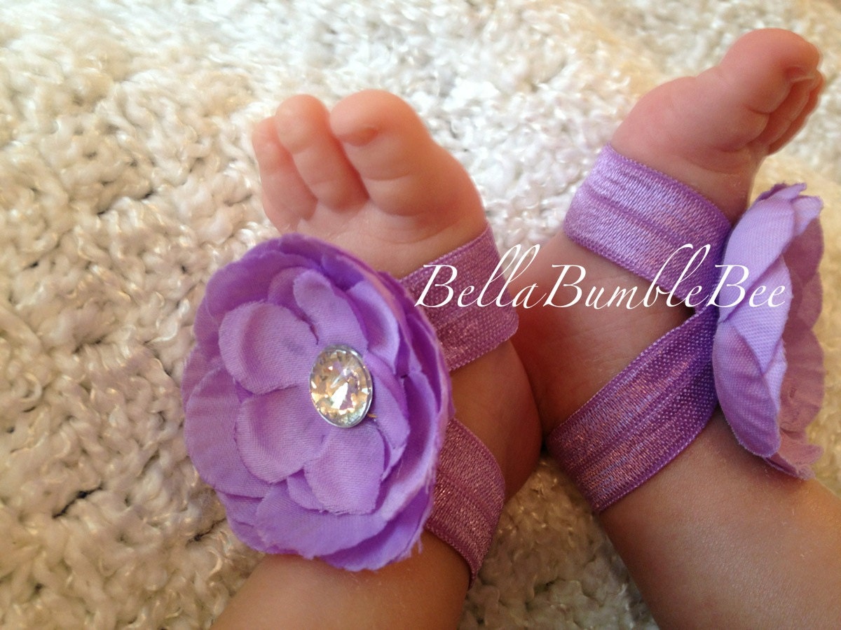 Purple Baby Barefoot Flower Sandals for Newborn Baby or Toddler Girls / Orchid Baby Booties / Lavender Baby Sandles