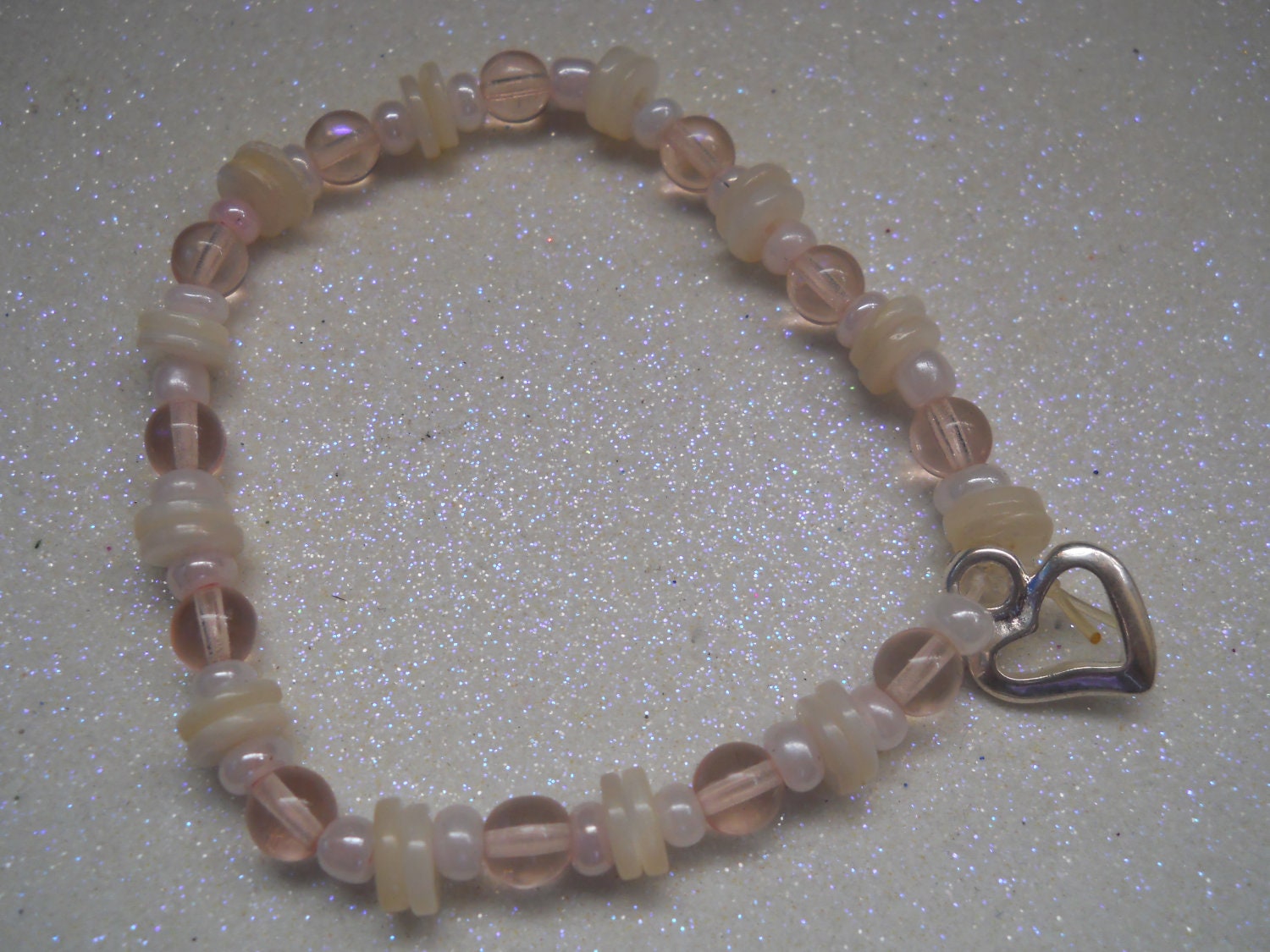 Pink Glass and Polished Puka Shell Bracelet w/Silver Heart