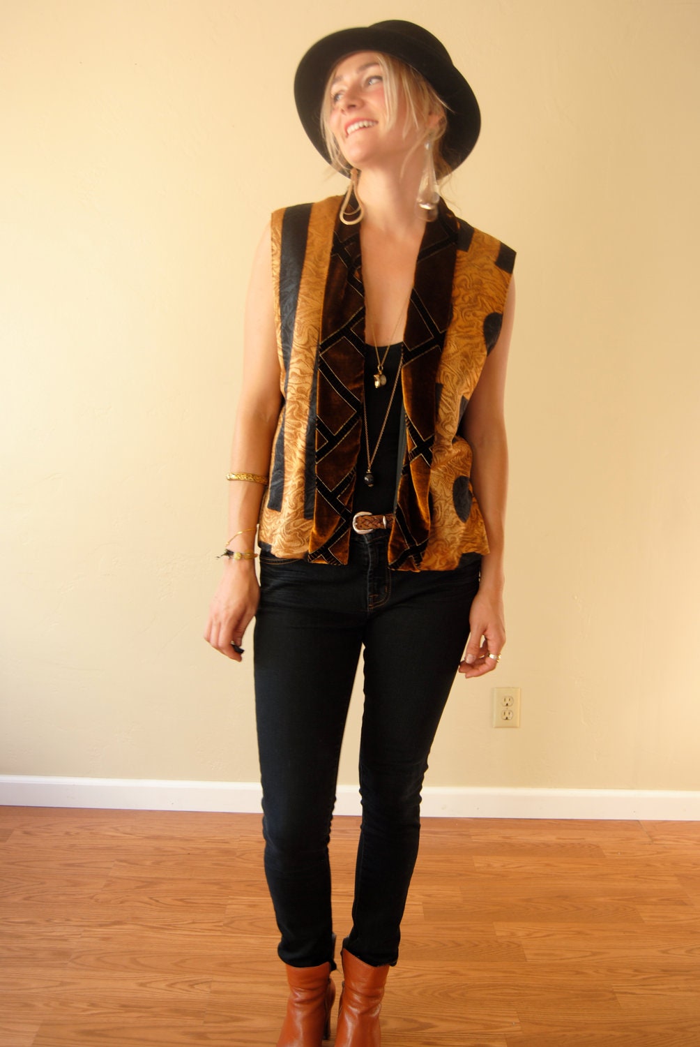 Vintage 80s 90s silk vest, open vest, burn out vest, women's vest, boho hippie vest, gothic vest, geometric shapes/ xs/s/m/l