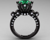 French Antique 14K Black Gold 3.0 Carat Emerald Diamond Solitaire Wedding Ring Y235-14KBGDEM